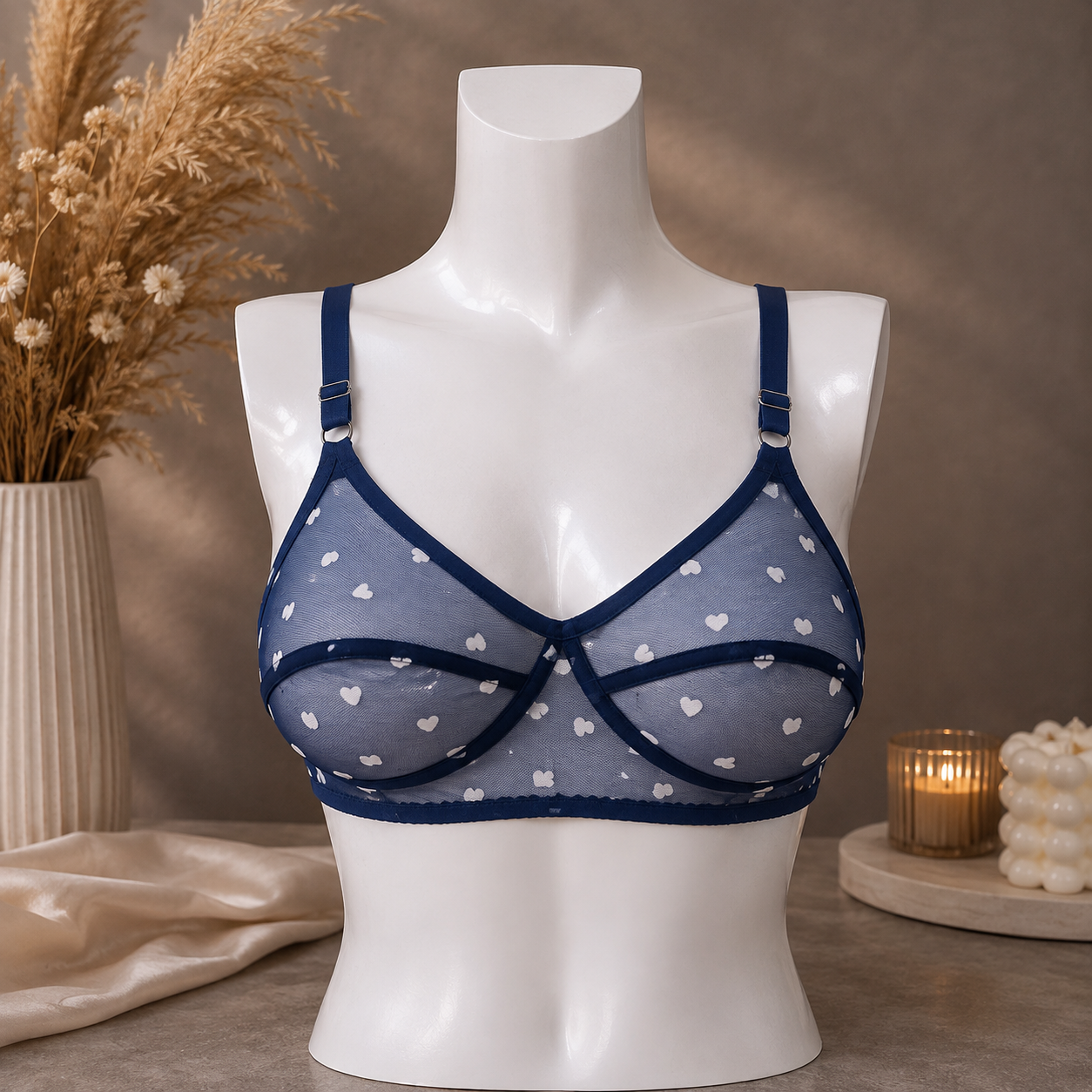 Women's Non-Padded Sheer Mesh Heart Print Bra – Soft Transparent Everyday Comfort Bra