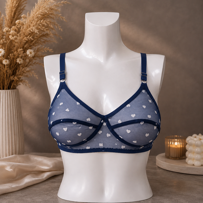 Women's Non-Padded Sheer Mesh Heart Print Bra – Soft Transparent Everyday Comfort Bra