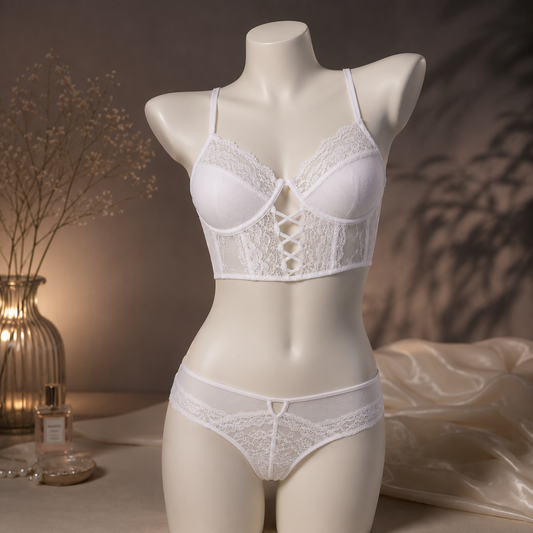 White Lace Lingerie Set for Women | Soft Padded Longline Bra & Matching Panty -350