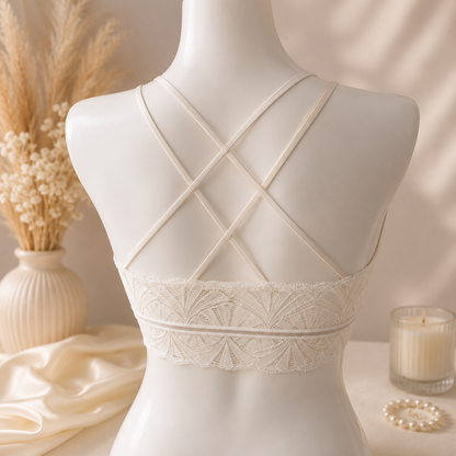 Women's Lace Cross Back Bralette – Wireless Soft Comfort Bra | White