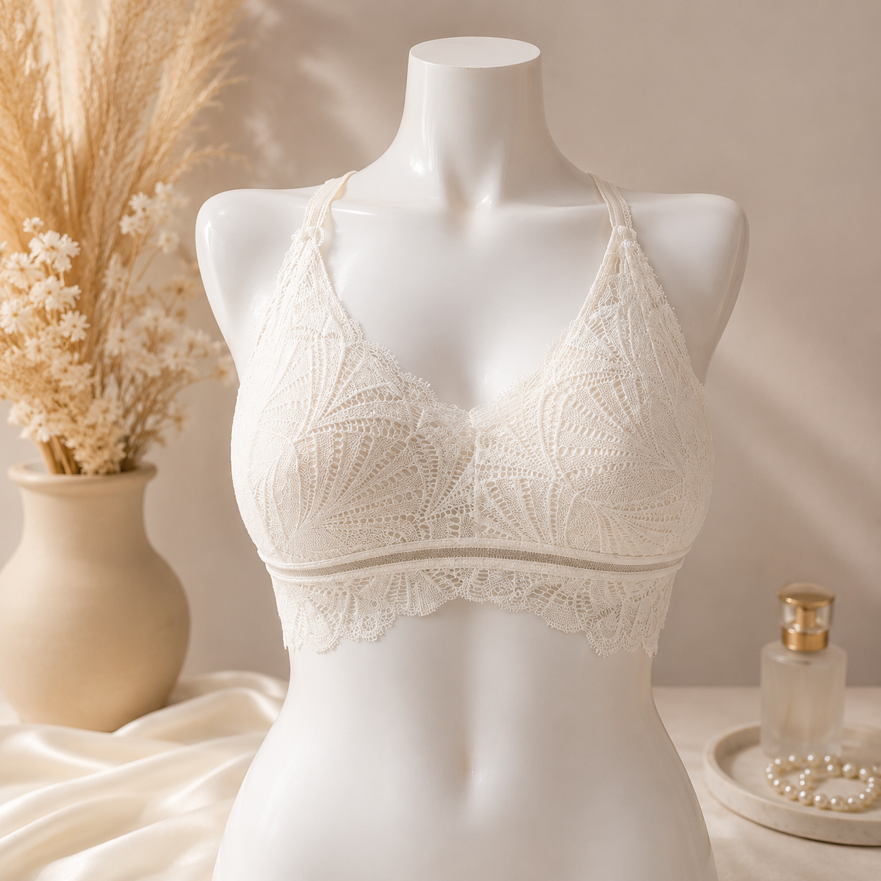 Women's Lace Cross Back Bralette – Wireless Soft Comfort Bra | White