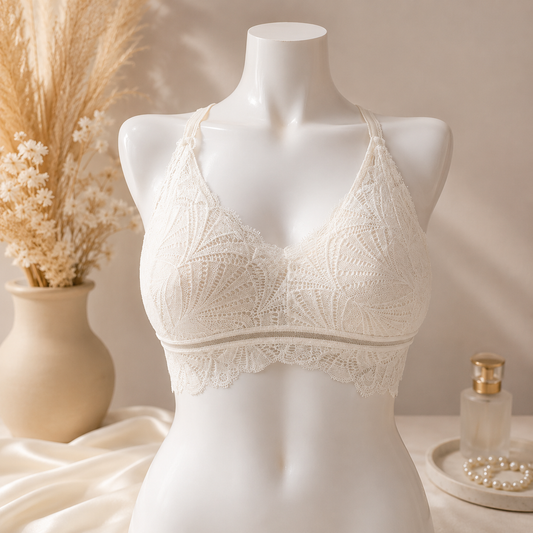 Women's Lace Cross Back Bralette – Wireless Soft Comfort Bra | White