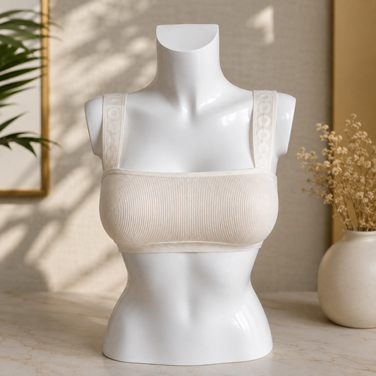 Seamless Ribbed Tube Bra for Women – Stretchable Wireless Crop Top Bralette (Cream)