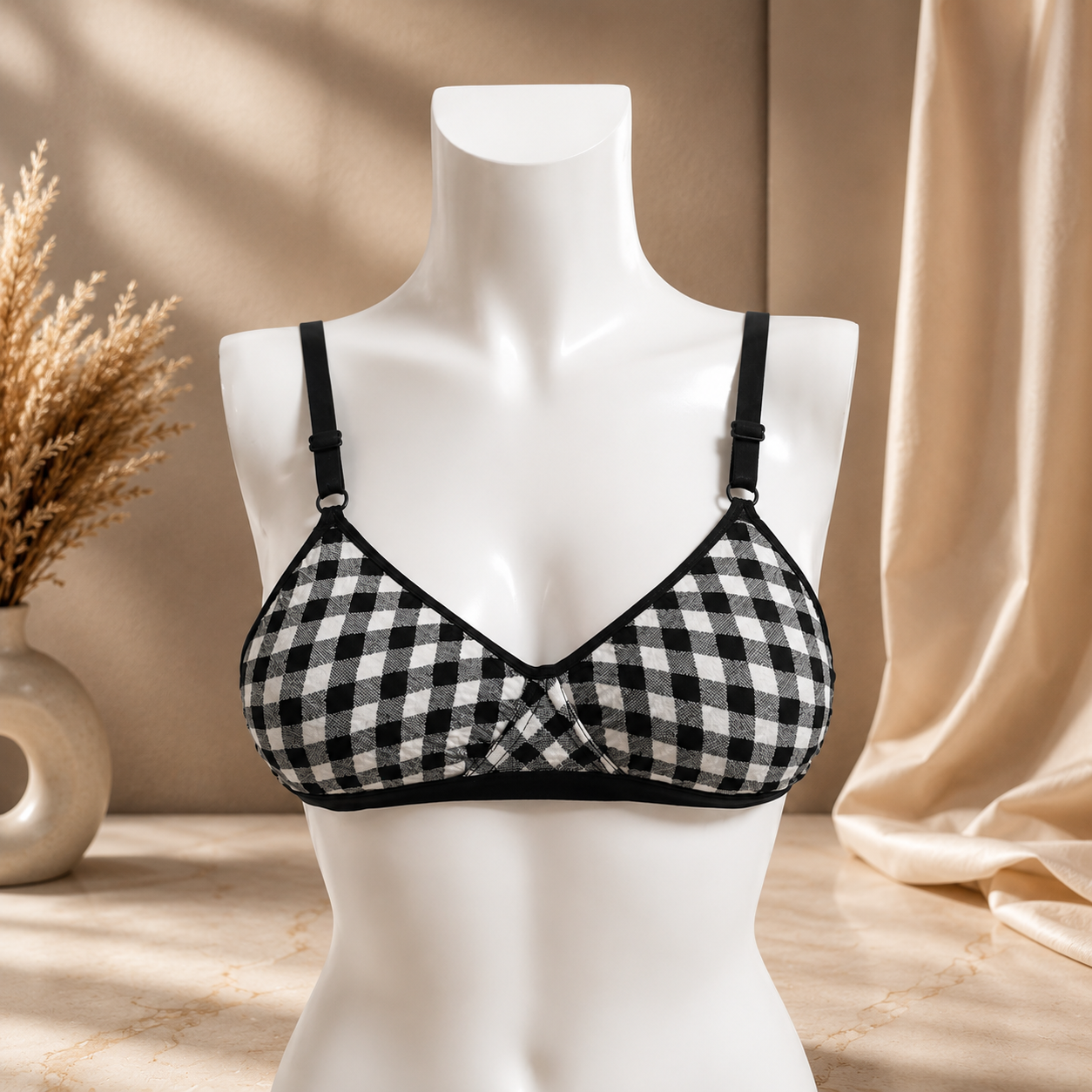 Flourish Cotton Check Print Lightly Padded Bra – Soft Everyday Comfort with Adjustable Straps