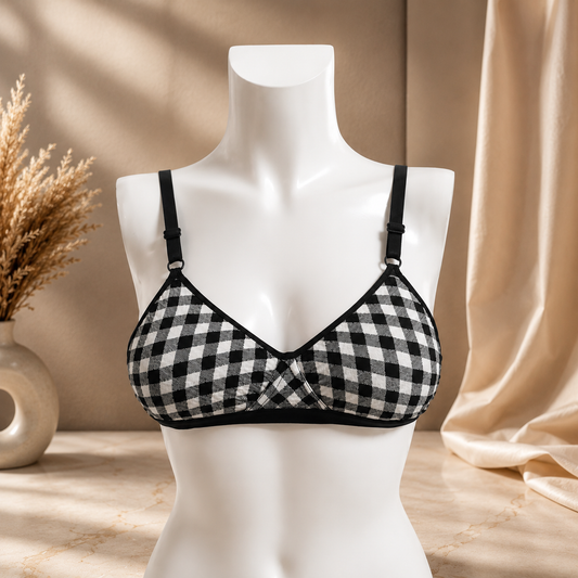 Flourish Cotton Check Print Lightly Padded Bra – Soft Everyday Comfort with Adjustable Straps