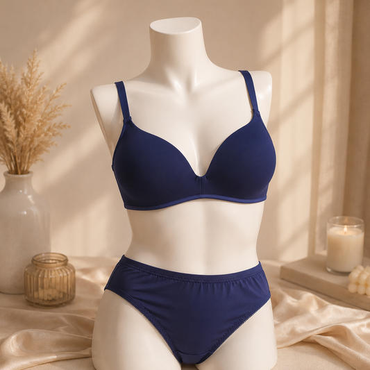 New Silk Padded Bra & Panty Set – Smooth Finish | Everyday Comfort | Navy Blue