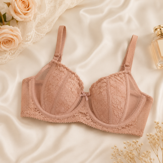 Women's Lace Underwire Bra – Soft Mesh Support Bra with Floral Lace (Skin)