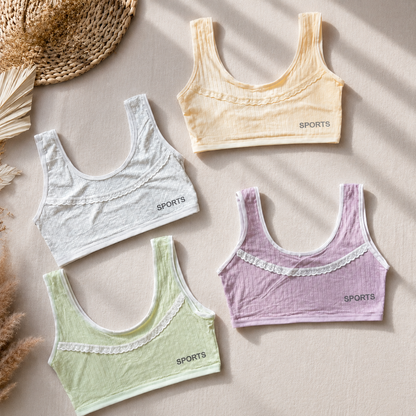 Girls' Non-Padded Ribbed Sports Bra – Soft Stretch Training Bra | Pack of 3 | Random Pastel Colors -K660