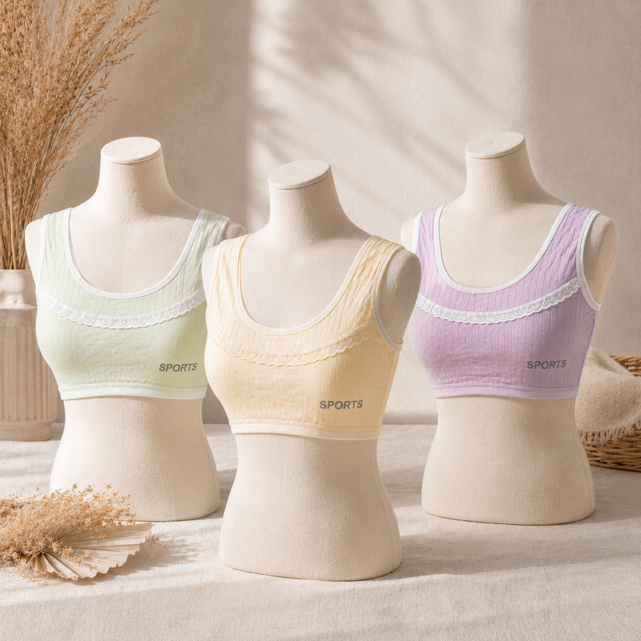 Girls' Non-Padded Ribbed Sports Bra – Soft Stretch Training Bra | Pack of 3 | Random Pastel Colors -K660