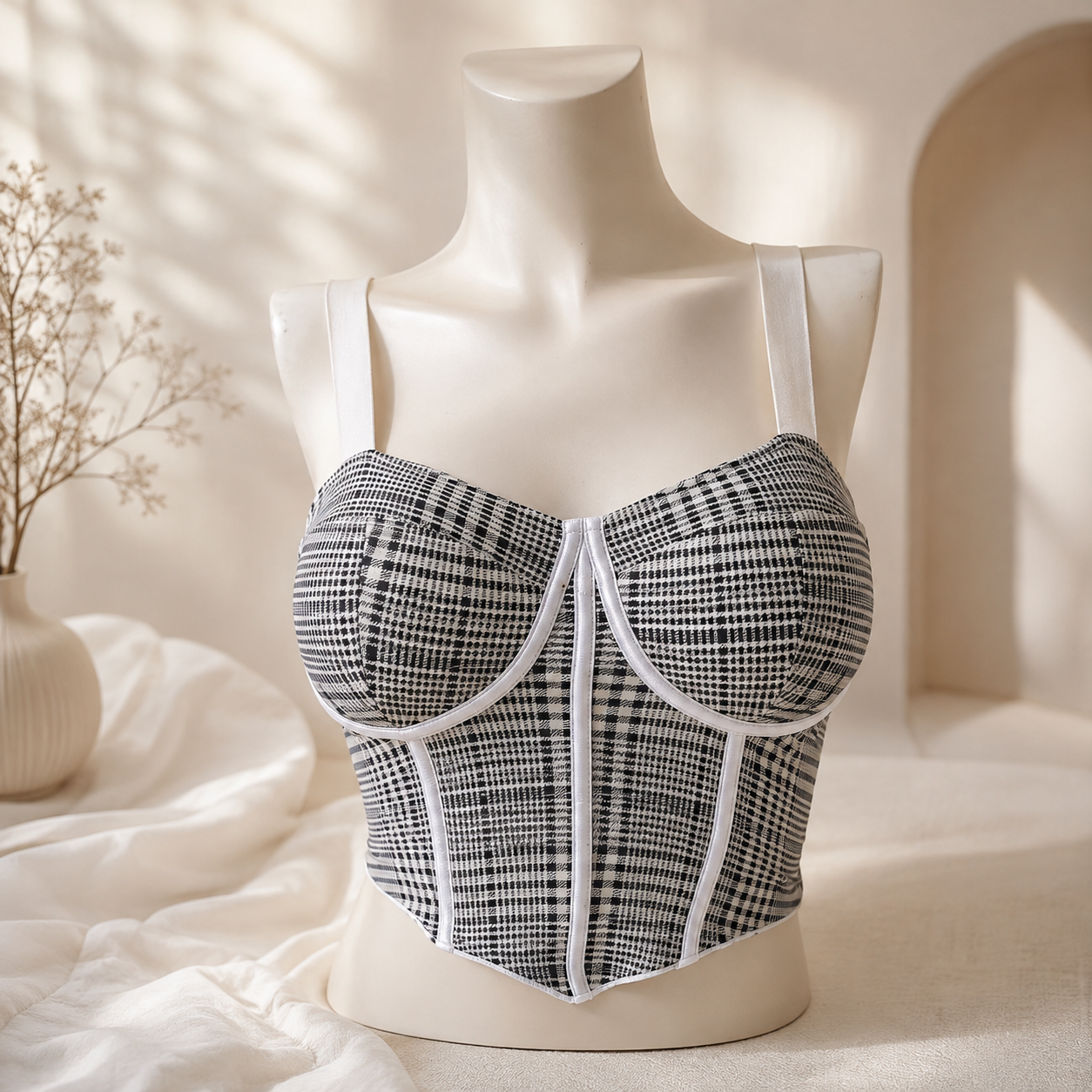 Women’s Black & White Houndstooth Padded Bustier Bra | Stylish Corset-Style Lingerie