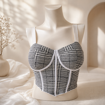 Women’s Black & White Houndstooth Padded Bustier Bra | Stylish Corset-Style Lingerie