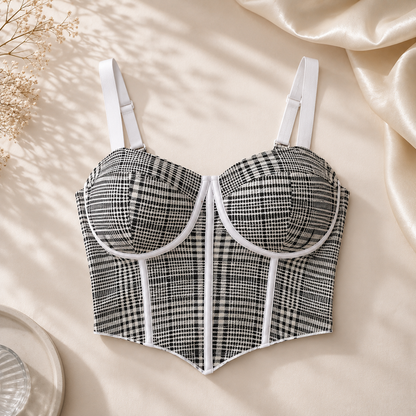 Women’s Black & White Houndstooth Padded Bustier Bra | Stylish Corset-Style Lingerie