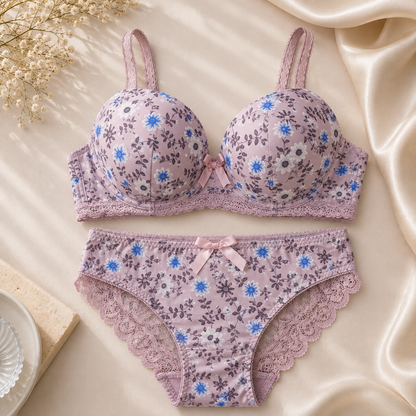 Women’s Pink Floral Padded Bra & Brief Set | Lace Trim Lingerie Set
