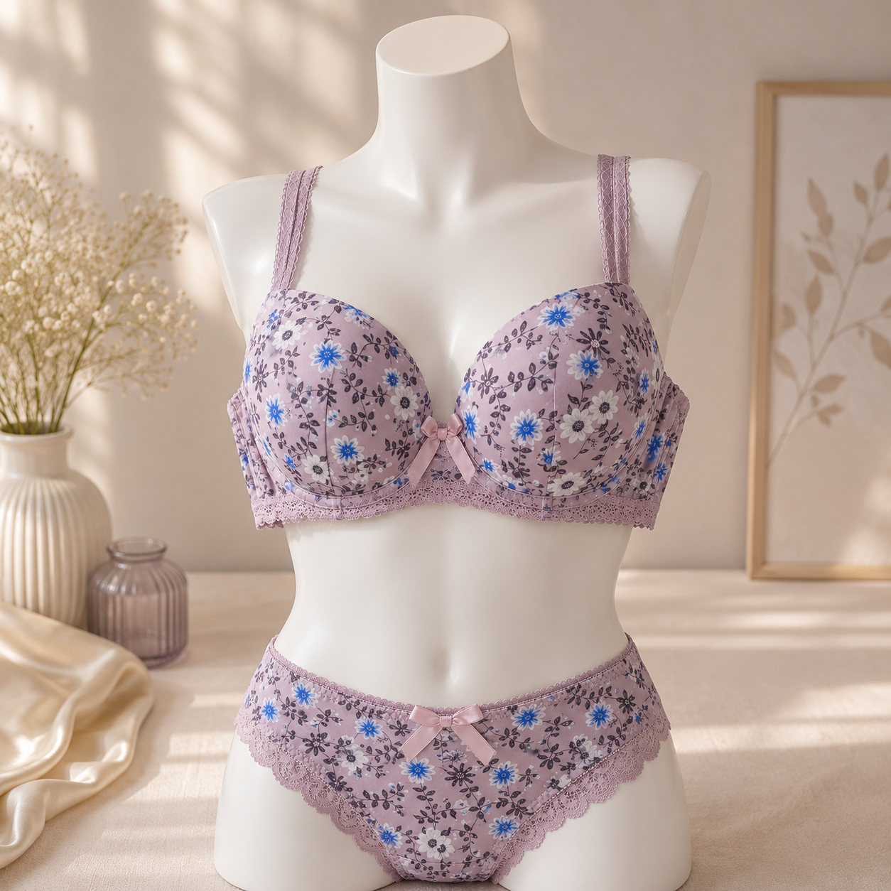 Women’s Pink Floral Padded Bra & Brief Set | Lace Trim Lingerie Set
