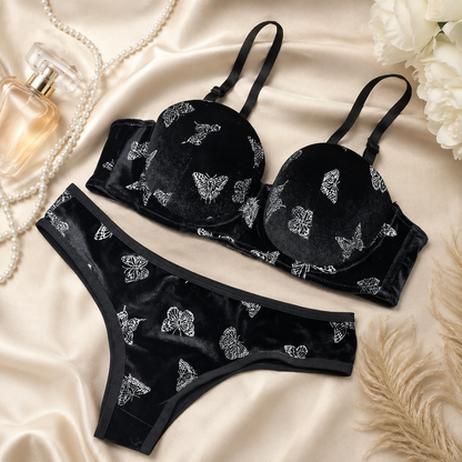 Flourish Velvet Butterfly Print Bra & Panty Set – Soft Padded, Wired, Premium Lingerie for Girls & Women 8092