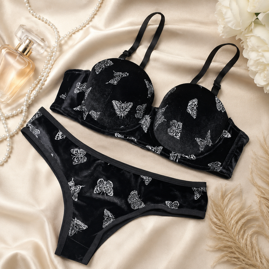 Flourish Velvet Butterfly Print Bra & Panty Set – Soft Padded, Wired, Premium Lingerie for Girls & Women 8092