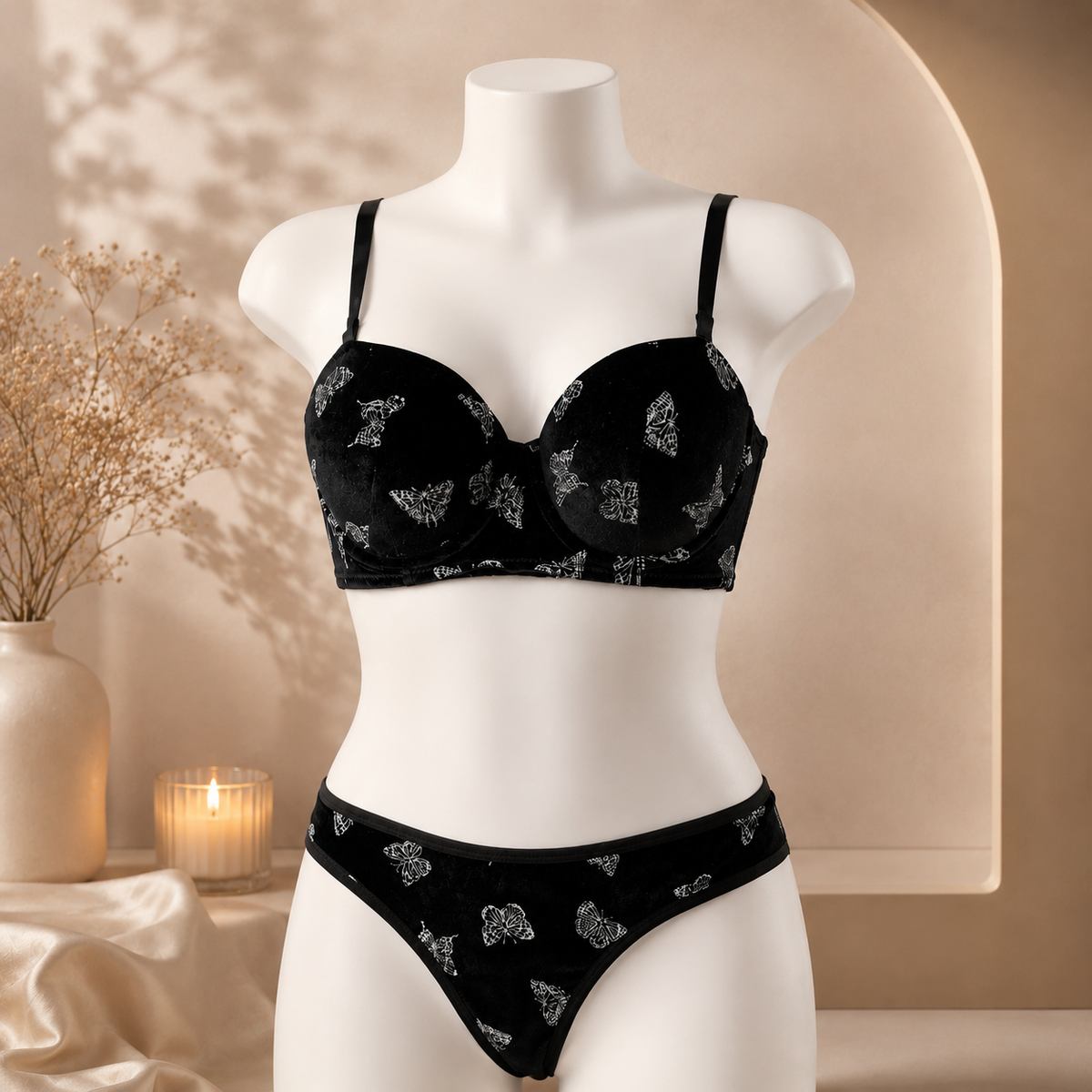 Flourish Velvet Butterfly Print Bra & Panty Set – Soft Padded, Wired, Premium Lingerie for Girls & Women 8092