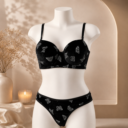 Flourish Velvet Butterfly Print Bra & Panty Set – Soft Padded, Wired, Premium Lingerie for Girls & Women 8092