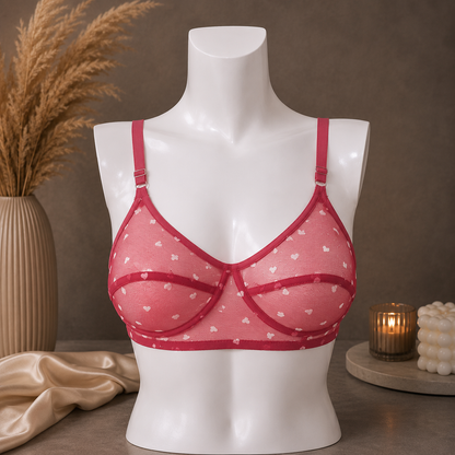 Women's Non-Padded Sheer Mesh Heart Print Bra – Soft Transparent Everyday Comfort Bra
