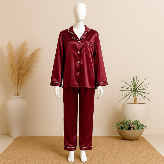 Flourish Plain Silk Front Button Open 3/4 Sleeve Night Dress For Girls - Silk Night Suit For Women Girls- Pjs For Women Two Piece Set