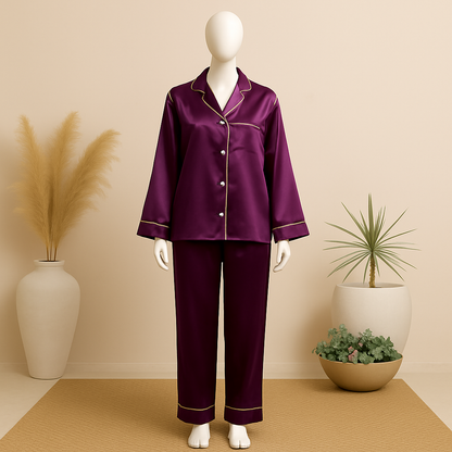 Flourish Plain Silk Front Button Open 3/4 Sleeve Night Dress For Girls - Silk Night Suit For Women Girls- Pjs For Women Two Piece Set