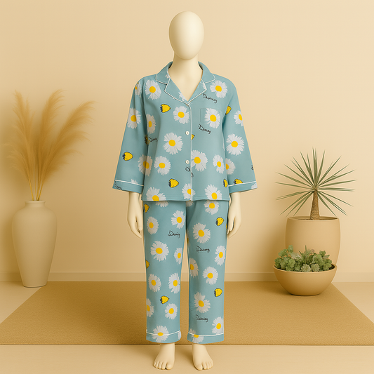 Flourish Floral Sun Flower Linen Pajamas Sets With Free Scrunchie Sleepwear Two Pieces Set