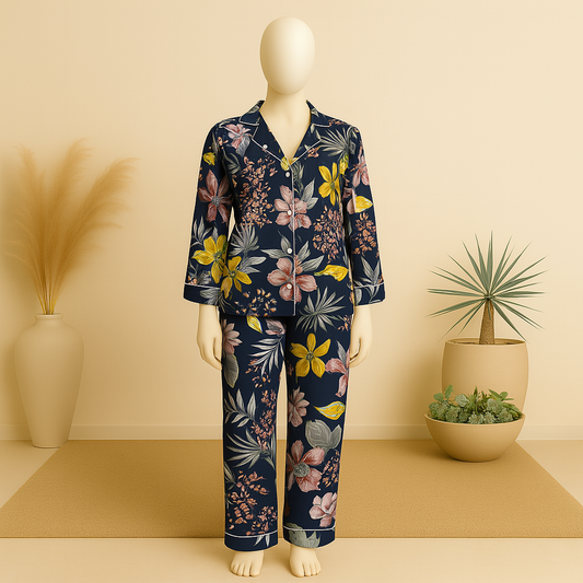 Flourish Floral Flower Printed Linen Pajamas Sets With Free Scrunchie Sleepwear Lingerie Sets Sexy Nighty Two Pieces Set
