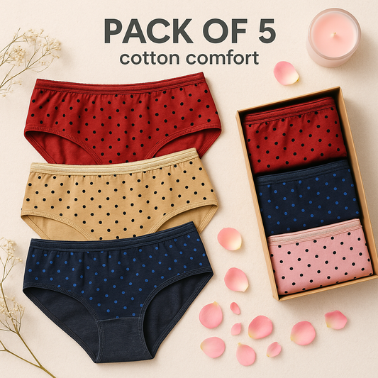 Flourish Budget Pack Of 5 Comfortable Polka Dotted Cotton Brief Women Seamless Underwear Panties 3201