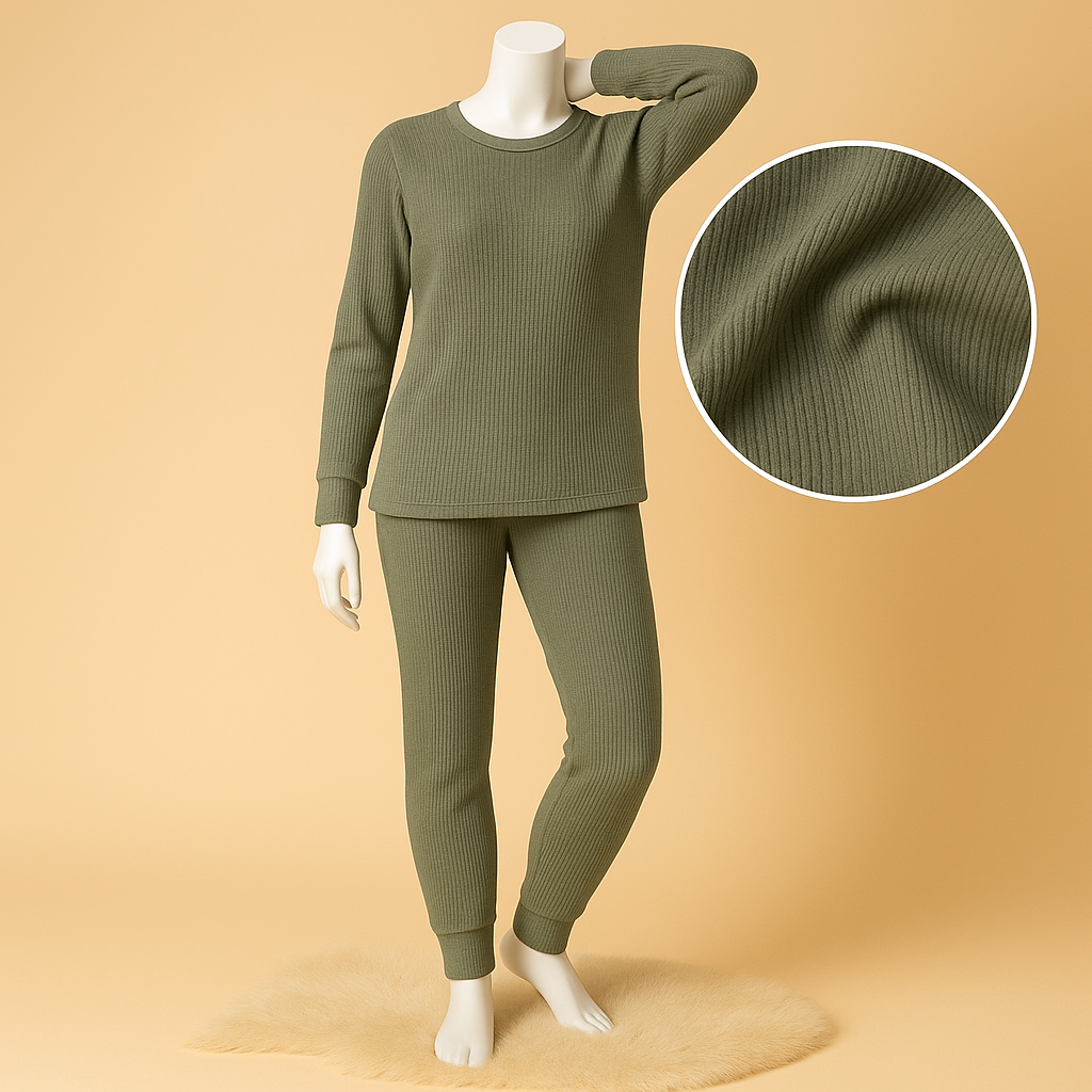 Women’s Winter Full-Sleeve Top with Matching Bottom – Warm Ribbed Cotton 2-Piece Thermal Set