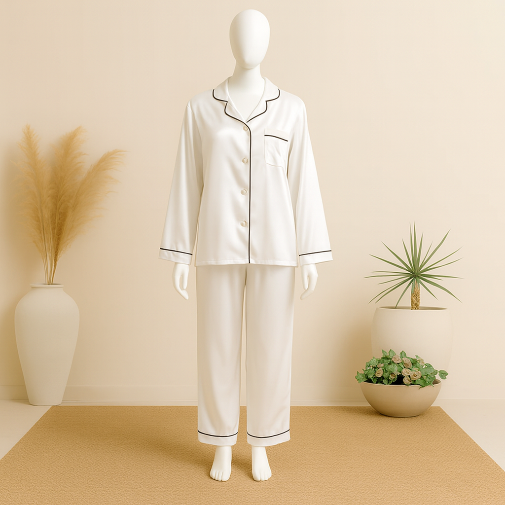 Flourish Plain Silk Front Button Open 3/4 Sleeve Night Dress For Girls - Silk Night Suit For Women Girls- Pjs For Women Two Piece Set