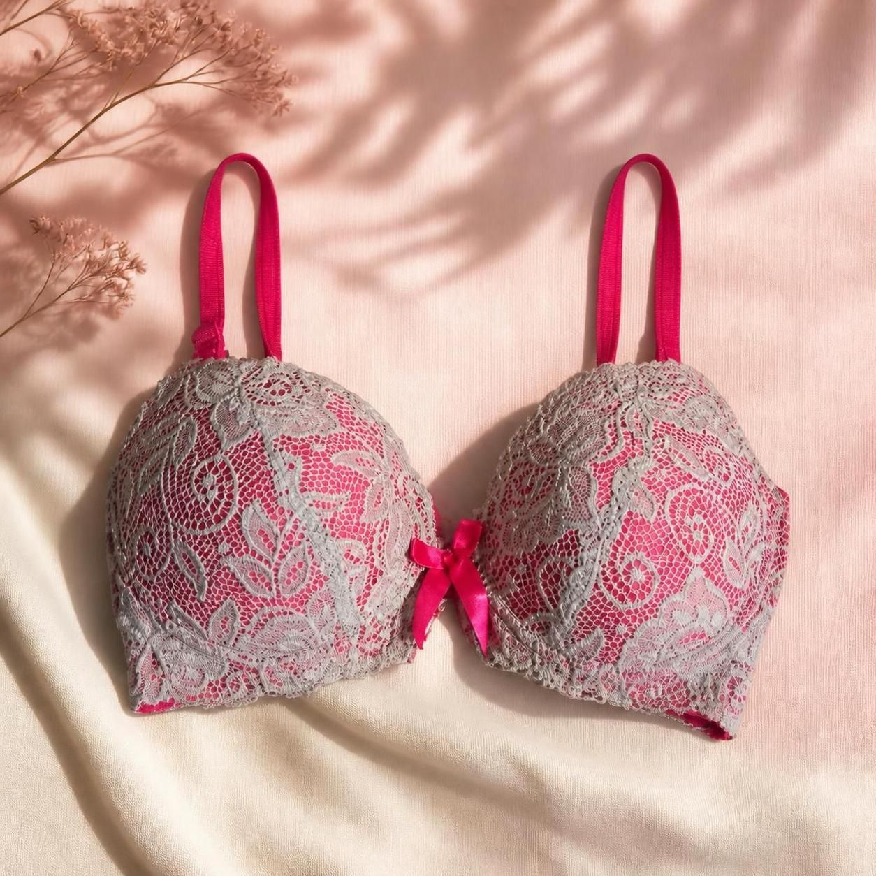 Elegant Pink & Grey Lace Bra with Floral Paisley Design -32