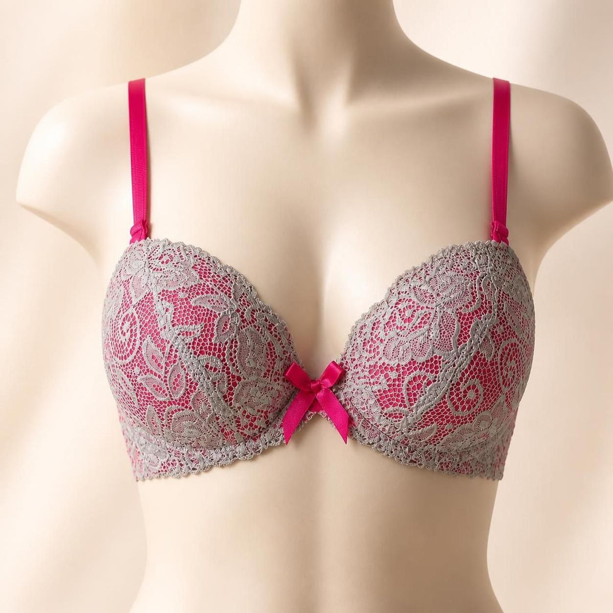 Elegant Pink & Grey Lace Bra with Floral Paisley Design -32