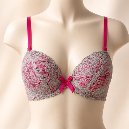 Elegant Pink & Grey Lace Bra with Floral Paisley Design -32