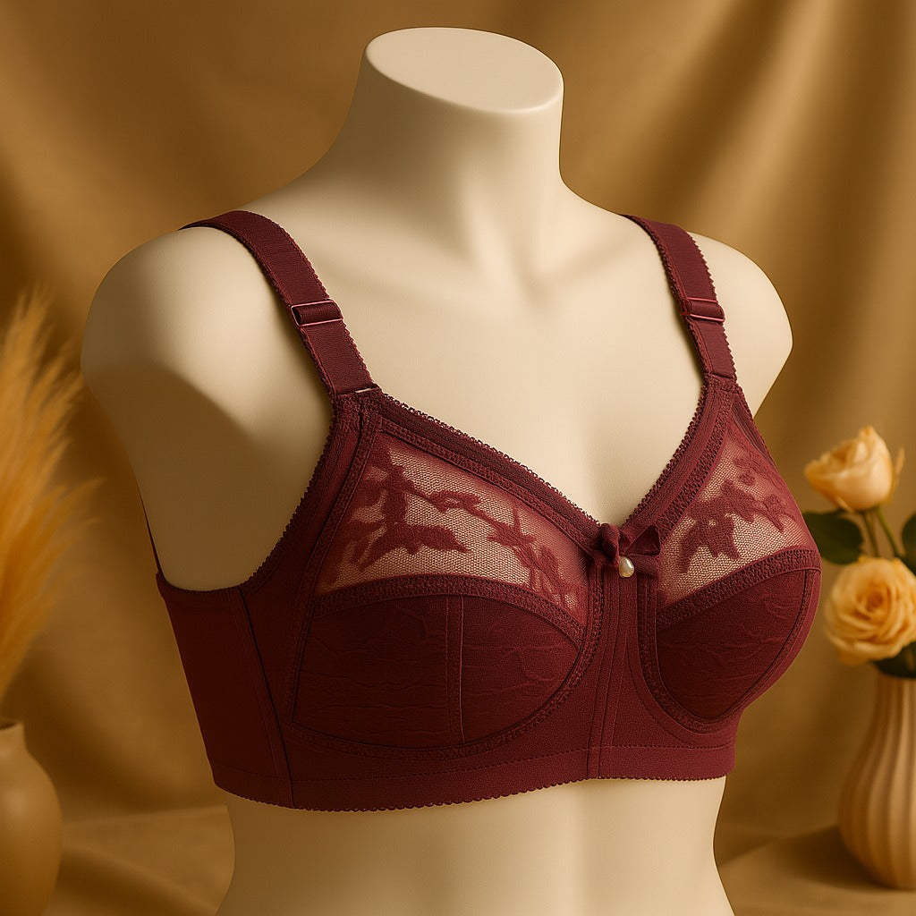 Flourish Disclosure non-padded full coverage plus size bra in maroon colour, side view