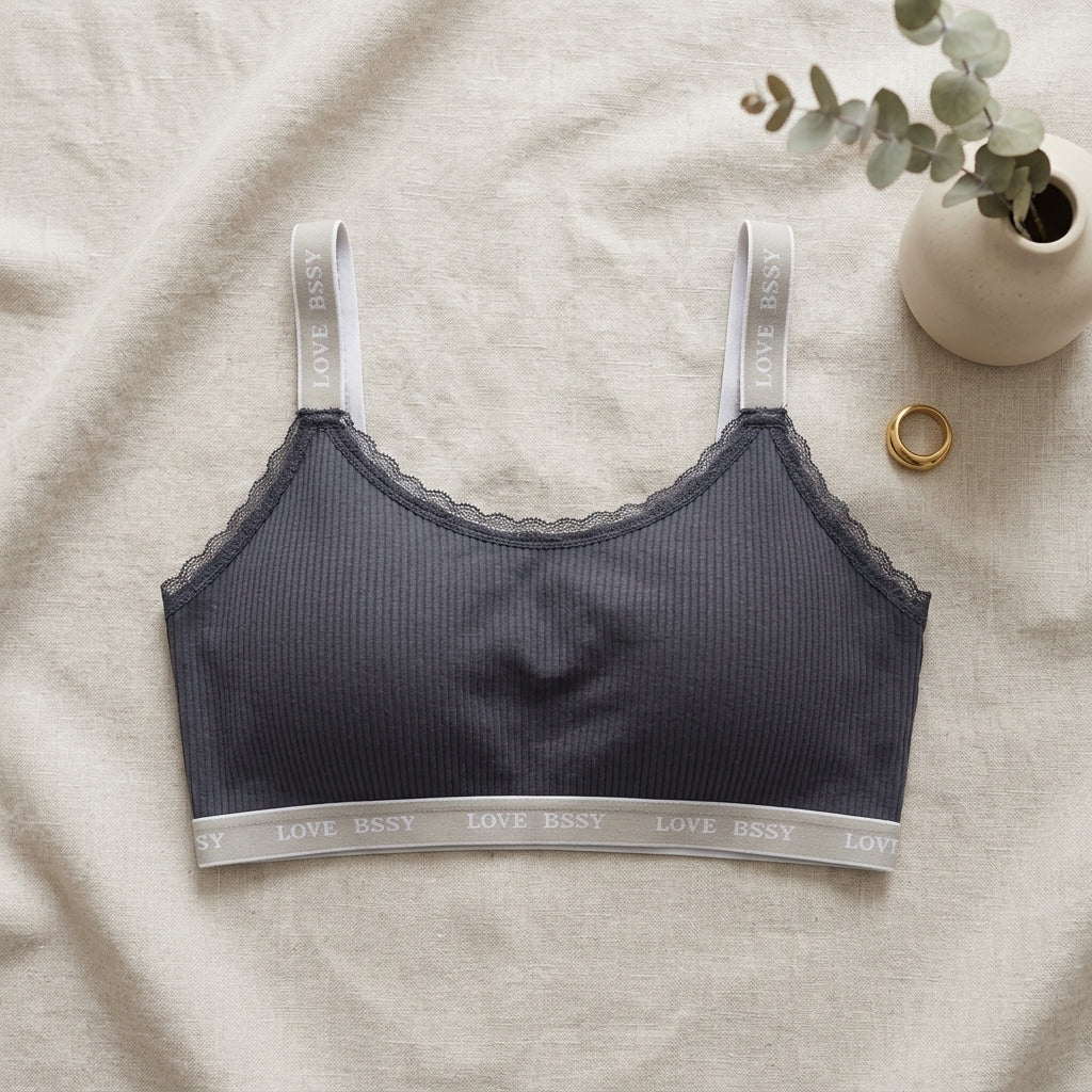 Premium Ribbed Lace-Trim Bralette with Logo Band