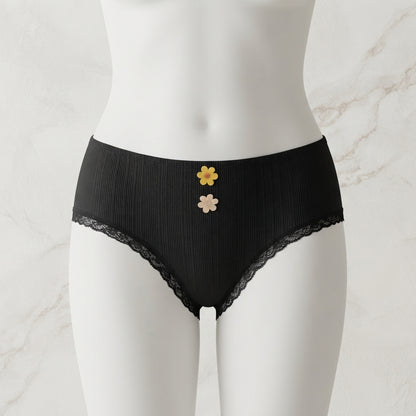 Pack of 3 Aesthetic Ribbed Cotton Panties with Floral Accents -6008