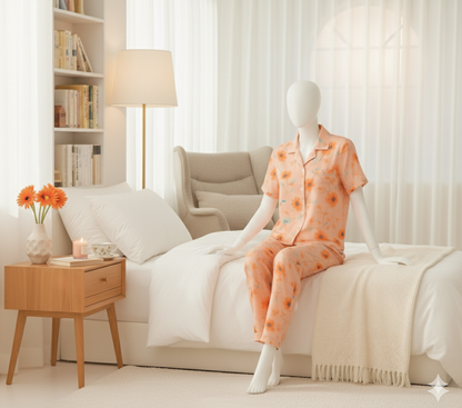Flourish Women’s Linen Pajama Set – 2-Piece Peach Bloom Print Nightwear