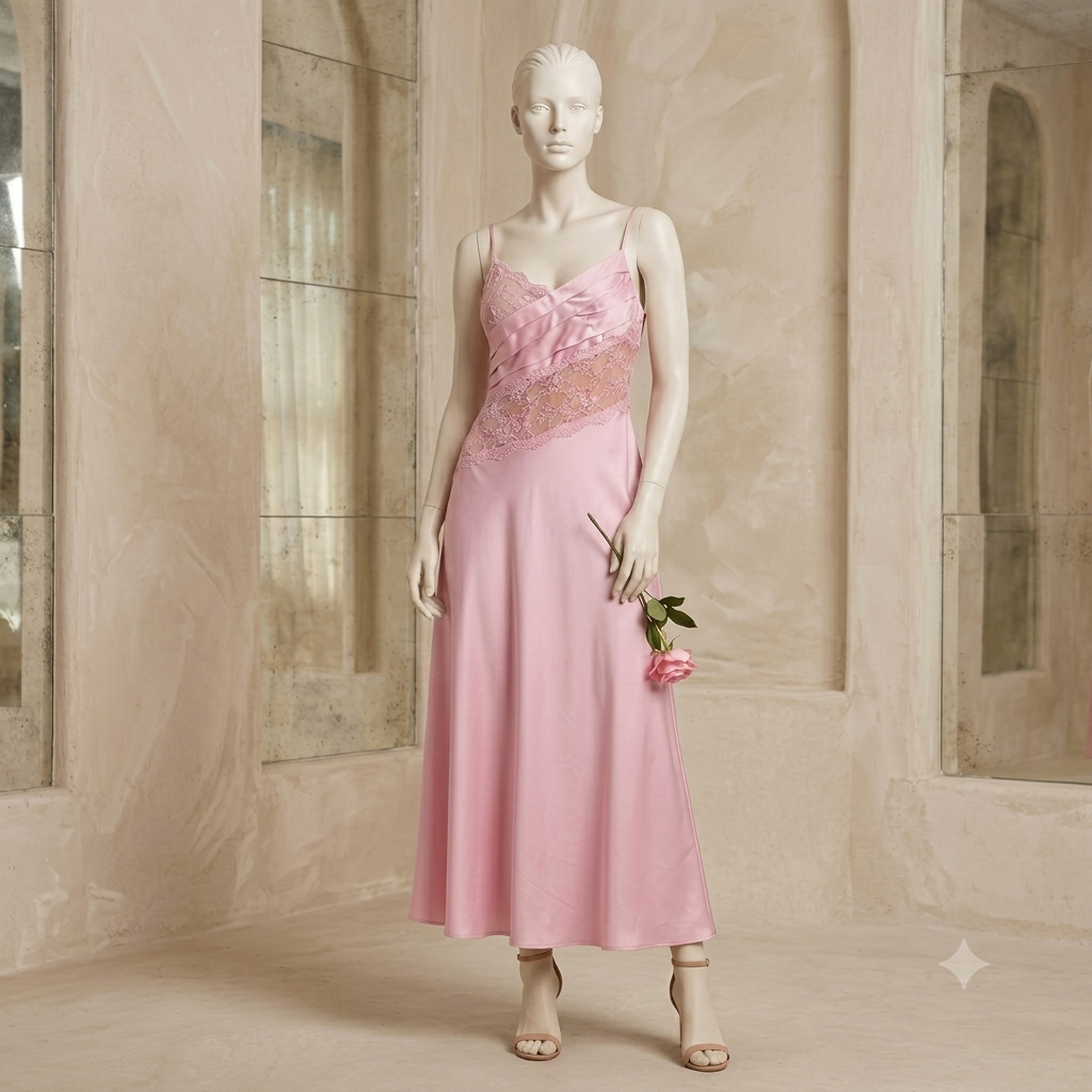 Blush Pink Satin Long Nightdress with Asymmetrical Lace