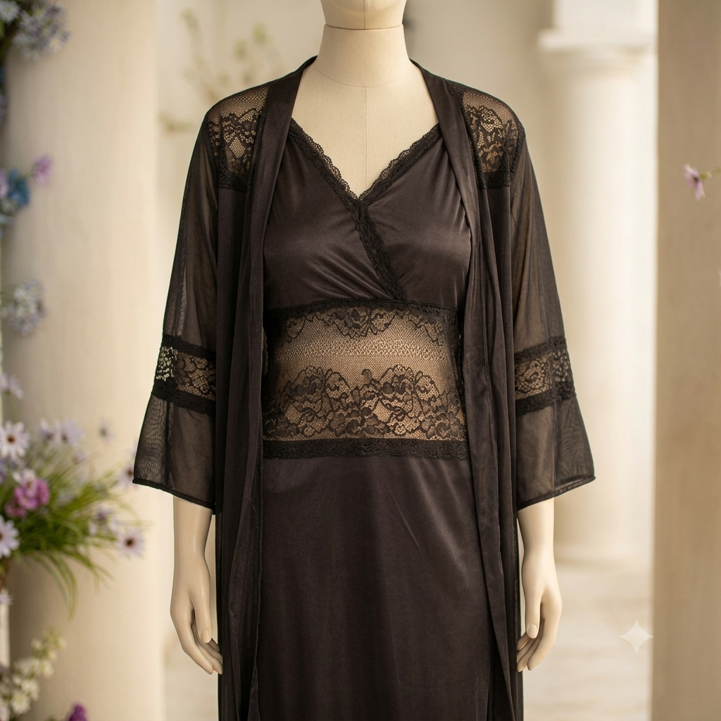 Luxury Bridal Maxi Night Wear – Premium 2-Piece Silk & Net Gown Set -356