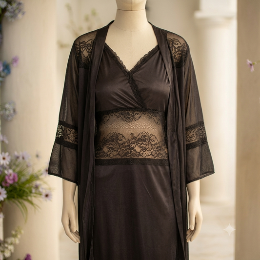 Luxury Bridal Maxi Night Wear – Premium 2-Piece Silk & Net Gown Set -356