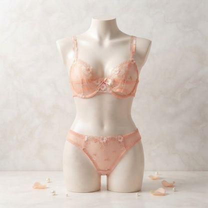 Elegant Non-Padded Floral Embroidered Mesh Bra & Panty Set -9980