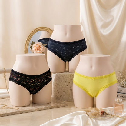 Pack of 3 Women’s Lace Trim Cotton Panty – Stylish Printed & Solid Briefs