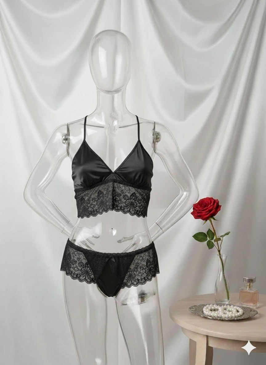 Flourish Satin Lace Bralette & Thong Lingerie Set – Soft Adjustable Straps | Multiple Colors