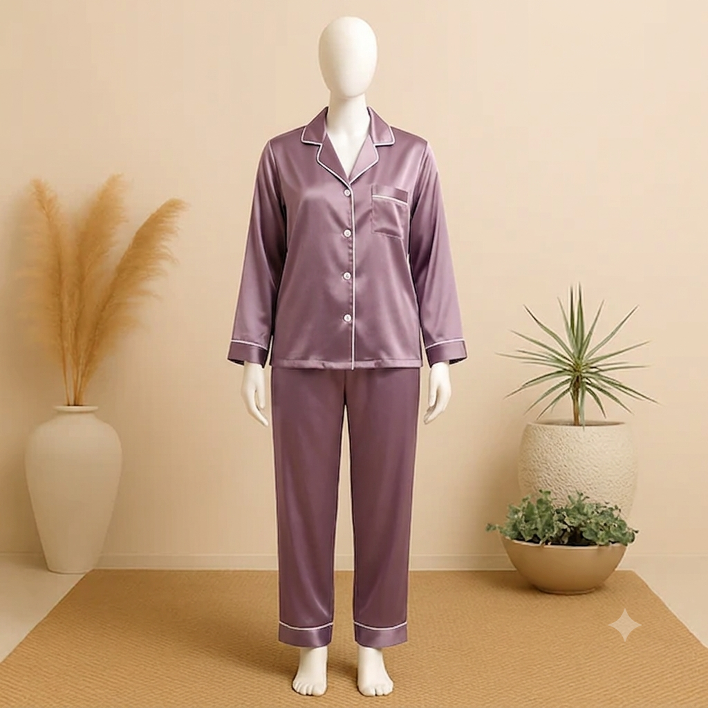 Flourish Plain Silk Front Button Open 3/4 Sleeve Night Dress For Girls - Silk Night Suit For Women Girls- Pjs For Women Two Piece Set (Free Surnchie)