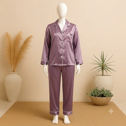 Flourish Plain Silk Front Button Open 3/4 Sleeve Night Dress For Girls - Silk Night Suit For Women Girls- Pjs For Women Two Piece Set (Free Surnchie)