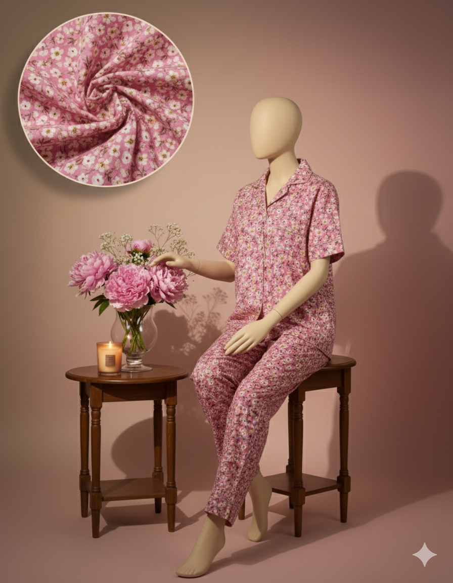 Flourish Women’s Linen Pajama Set – 2-Piece Pink Floral  Print Nightwear