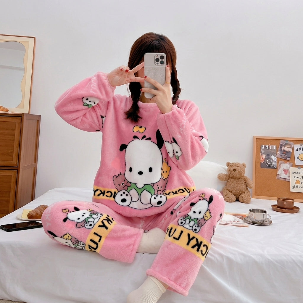 Women’s Ultra-Soft Plush Fleece Puppy Pajama Set – Cute Pink Winter Loungewear