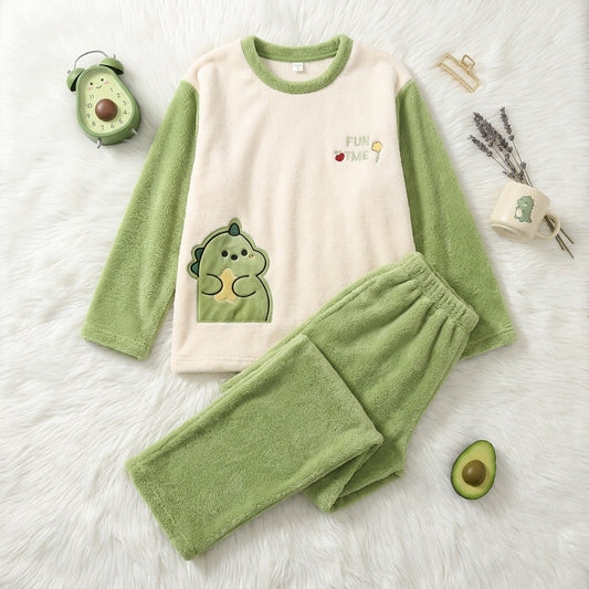 Cute "FUN TIME" Sage Green Plush Velvet Pajama Set – Warm & Cozy Winter Sleepwear