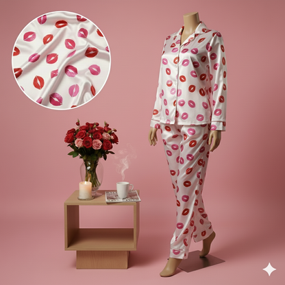 Flourish Women’s Silk Pajama Set – 2-Piece Pink And Red Lip Print Nightwear