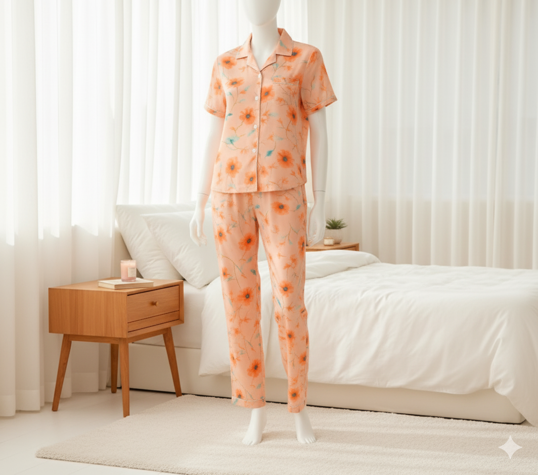 Flourish Women’s Linen Pajama Set – 2-Piece Peach Bloom Print Nightwear